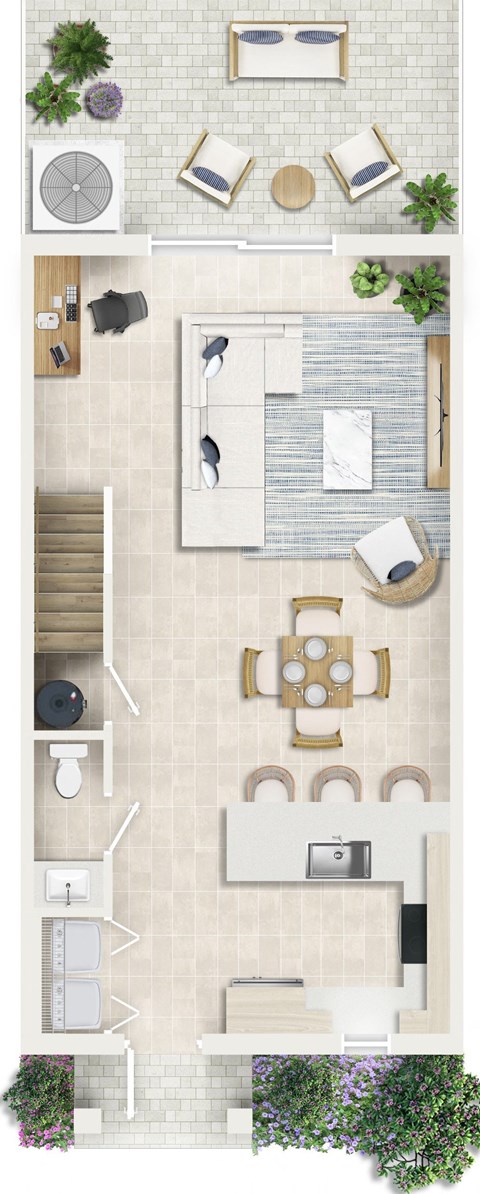 a birds eye view of a house with a living room and a dining room